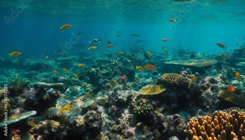 Vibrant underwater landscape tropical fish  coral  and sea life below generated by AI