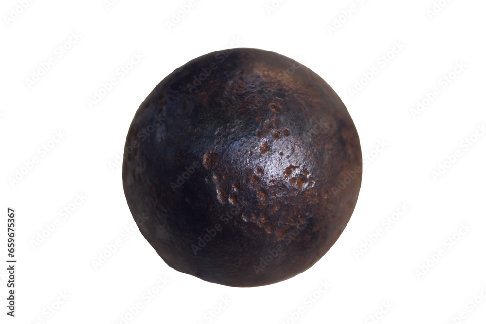 Cannonball six-pound close-up, isolated on white background. Old objects of the 18th century era, reenactment of events Cannonball six-pound close-up, isolated on white background. Old objects of the 18th century era, reenactment of events