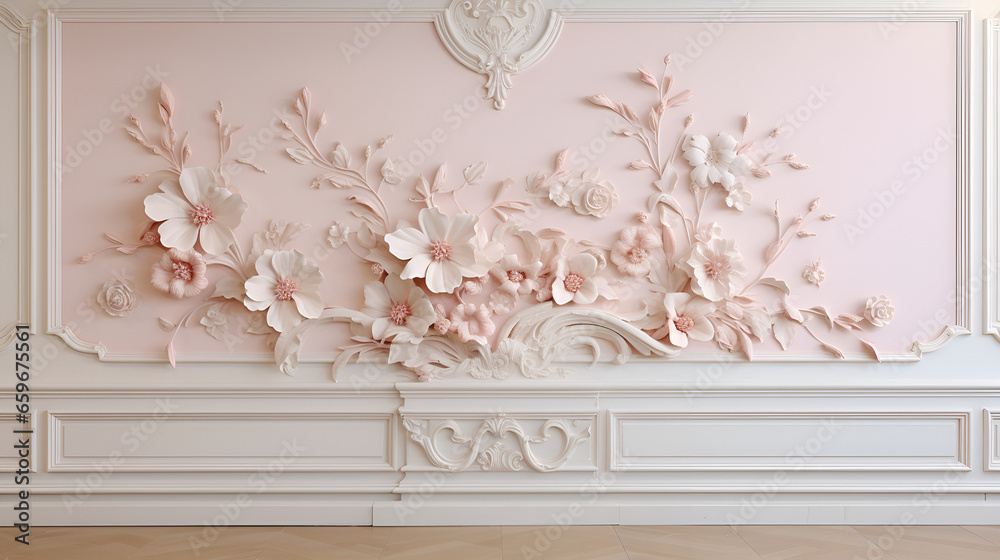  Modern style decoration. Floral wall decoration. French line background wall plaster modeling french style living room,  mockup of a modern room.