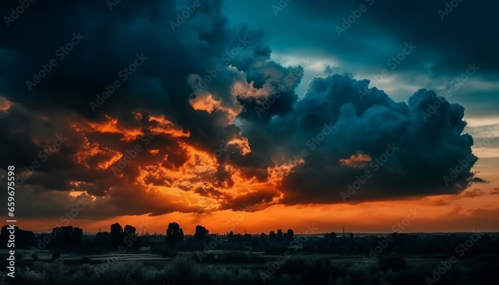 Vibrant sunset sky over rural landscape, a tranquil nature scene generated by AI