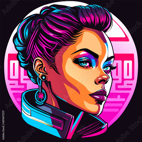 Cyberpunk sci-fi poster. Colorful vector illustration of beautiful girl with futuristic bright background.