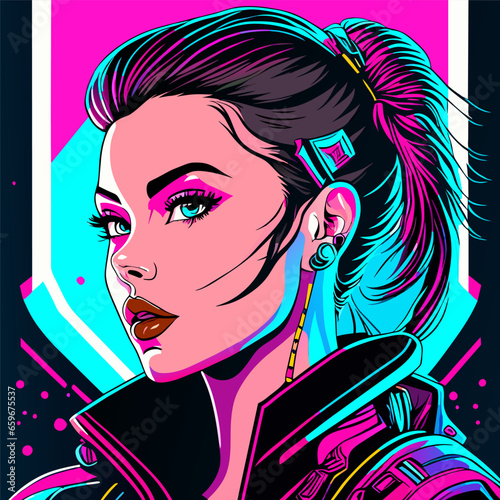 Cyberpunk sci-fi poster. Colorful vector illustration of beautiful girl with futuristic bright background.
