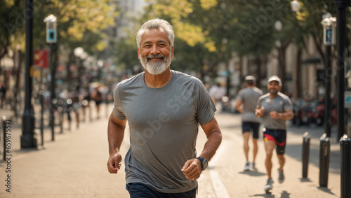 Elderly man jogging in the city
