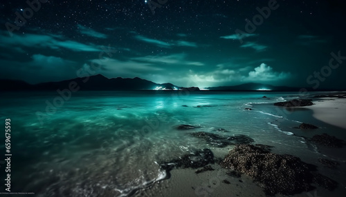 Majestic mountain range illuminated by moonlight over tranquil seascape generated by AI © Stockgiu