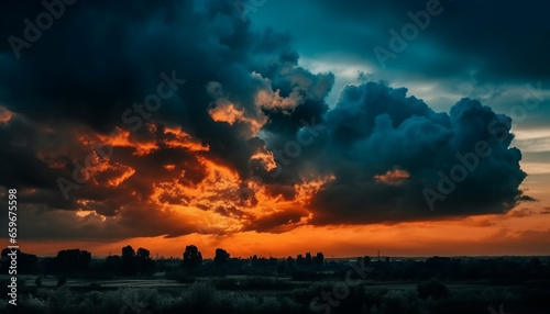 Vibrant sunset sky over rural landscape, a tranquil nature scene generated by AI