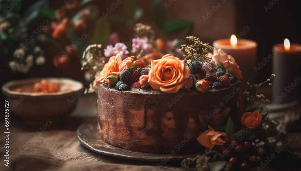 Rustic dessert table with homemade gourmet chocolate and berry indulgence generated by AI Rustic dessert table with homemade gourmet chocolate and berry indulgence generated by AI