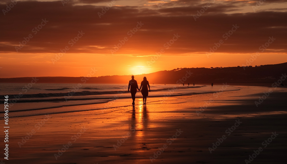 Romantic couple walking on idyllic coastline at sunset, enjoying togetherness generated by AI
