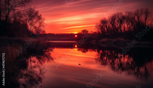 Tranquil sunset over nature landscape, reflecting on calm waters generated by AI