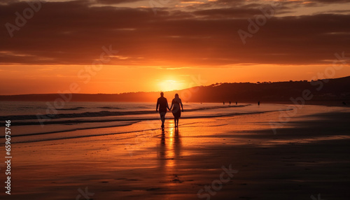 Romantic couple walking on idyllic coastline at sunset, enjoying togetherness generated by AI