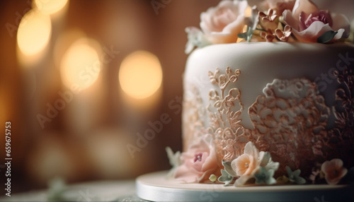 Romantic wedding cake with elegant decoration and candlelight arrangement generated by AI