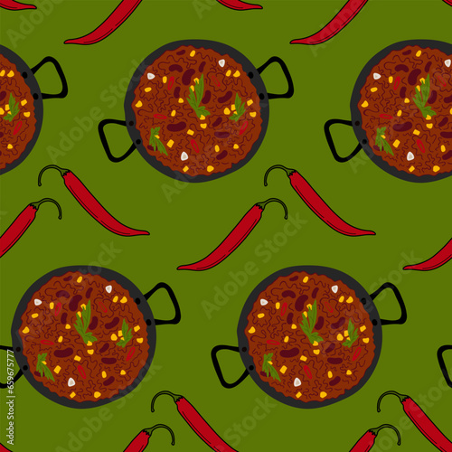 Seamless pattern of Chili con carne in a cast iron pan and red hot chili pepper. Flat lay. Isolate