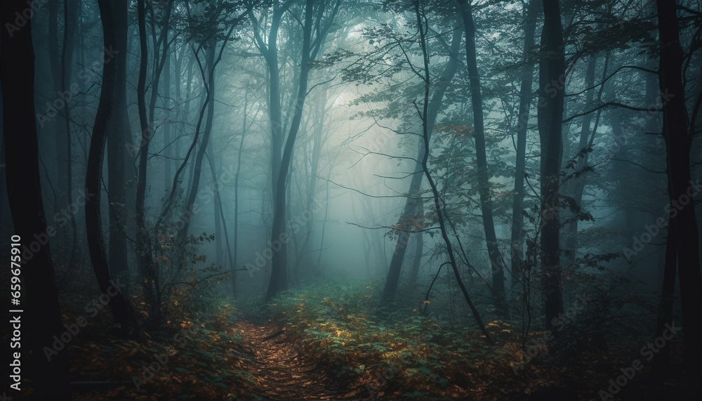 A spooky forest in autumn, a mystery in nature beauty generated by AI