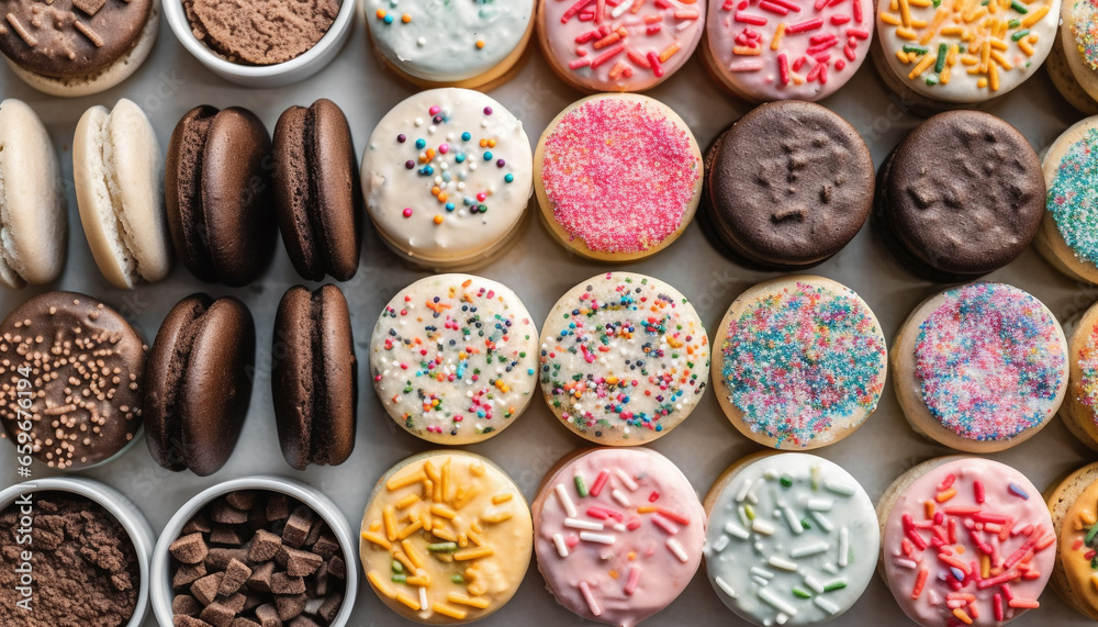 A large group of sweet, colorful desserts arranged on wood generated by AI