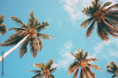 a group of palm trees against a blue sky © horace