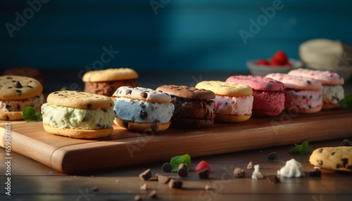 Homemade chocolate chip cookies on rustic wooden cutting board generated by AI