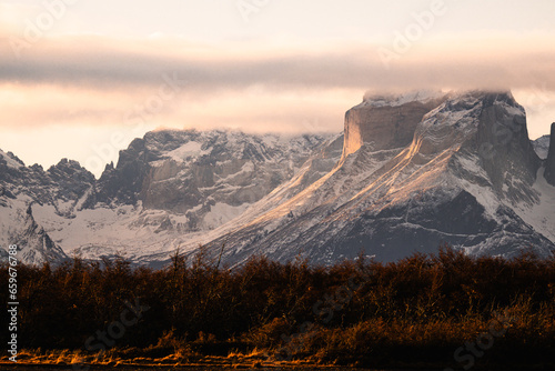 mountain scenery at sunset, Cuernos del Paine, Torres del Paine national park, Chile