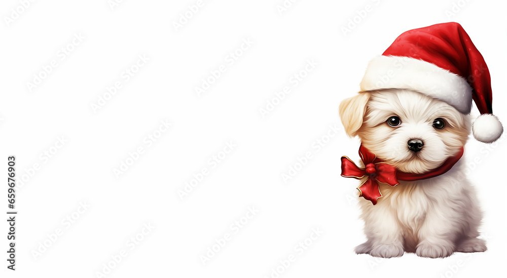 A cute puppy with a Santa hat for Christmas with space for copy or text A cute puppy with a Santa hat for Christmas with space for copy or text