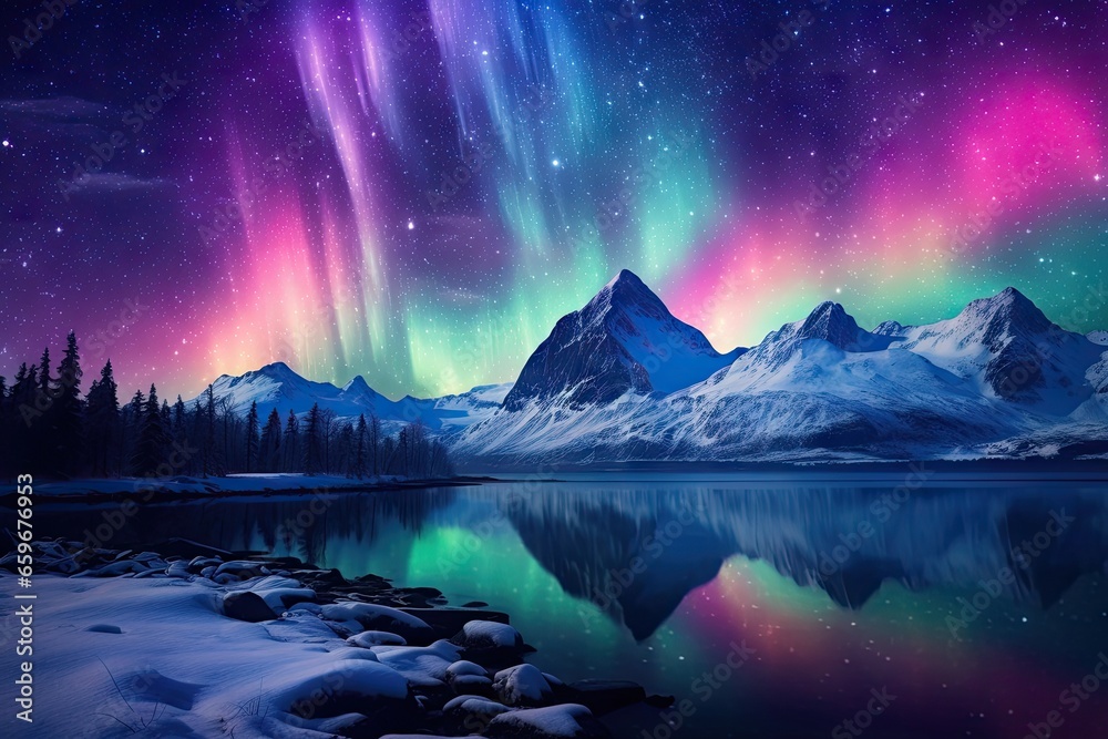 northern lights over the mountains with cold snow Generative AI northern lights over the mountains with cold snow Generative AI