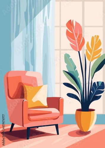 Minimalist interior — vector illustration Boho styled - gouache paint and vector style artwork