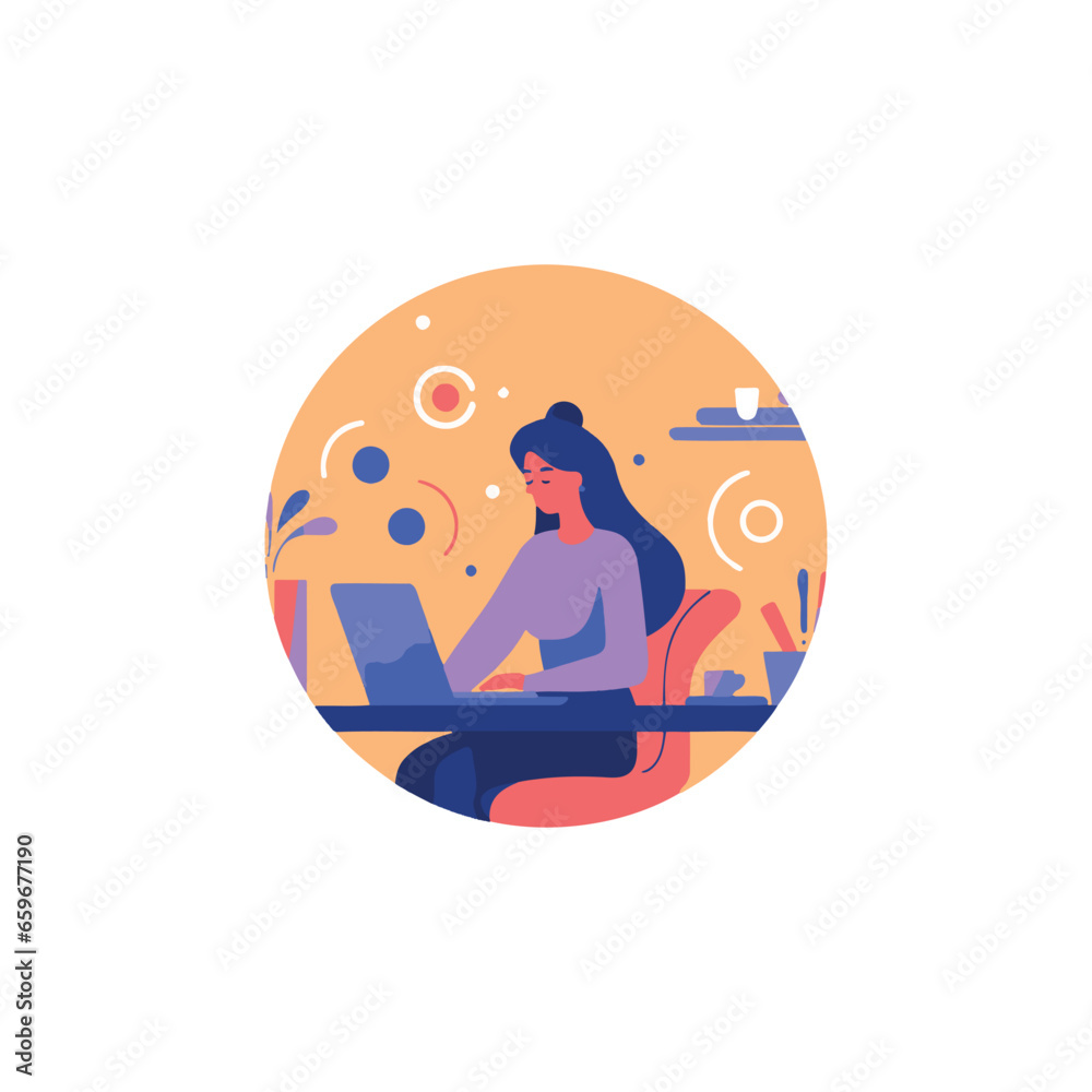 beautiful woman sitting working on her notebook, vector illustration beautiful woman sitting working on her notebook, vector illustration
