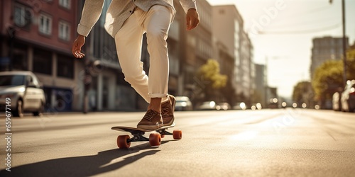 Man in a wide-collared shirt and flared trousers riding a vintage skateboard on a sunlit city street , concept of Urban nostalgia © koldunova