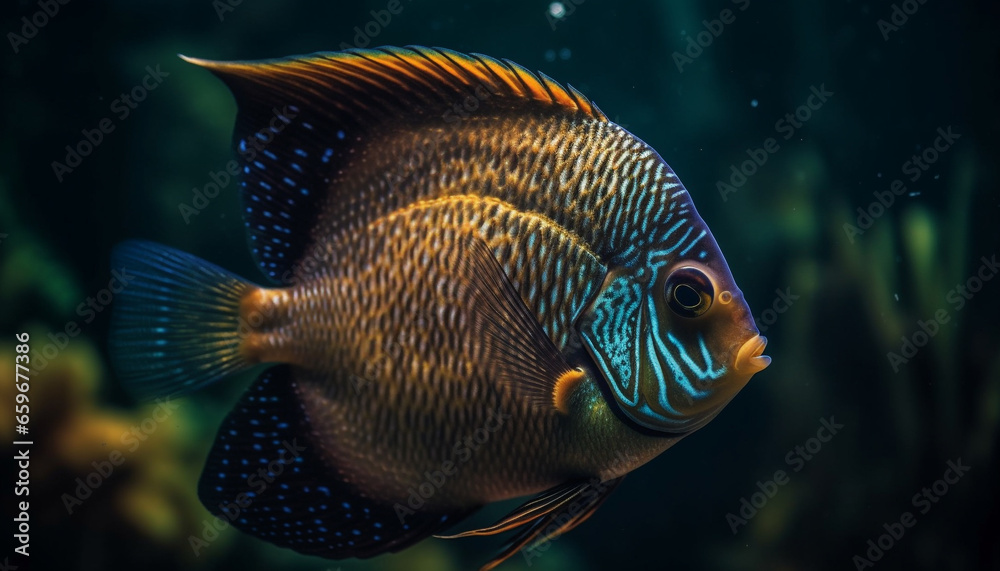 A school of multi colored fish swim in the vibrant reef generated by AI A school of multi colored fish swim in the vibrant reef generated by AI