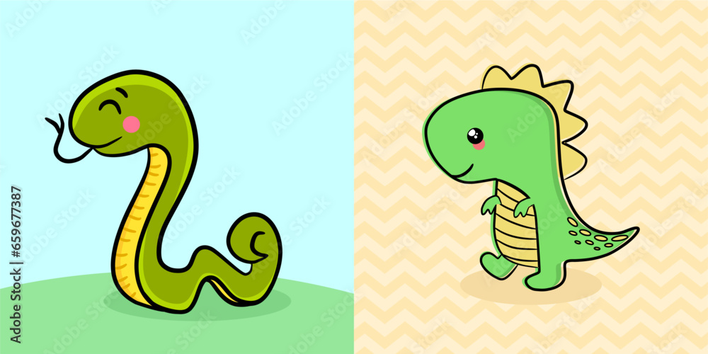Obraz premium Illustration of a green snake in nature - Cute dinosaur baby cartoon illustration