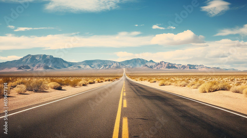 A picturesque American desert road stretches through a dry landscape with mountains in the distance.