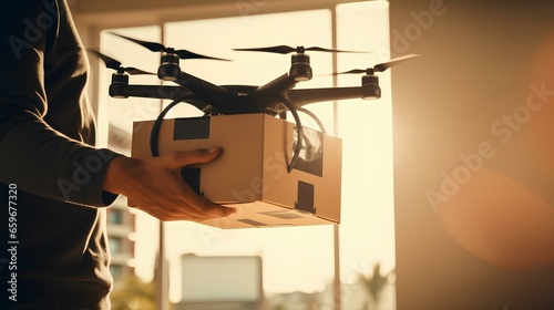 A Drone Delivering a Package to the Office. Quick and accurate unmanned delivery system. generative AI