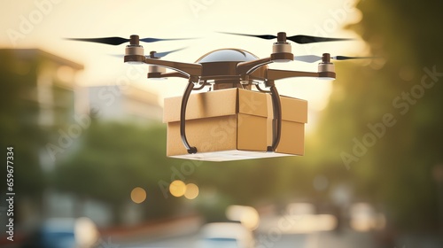 A Drone Delivering a Package to the Office. Quick and accurate unmanned delivery system. generative AI