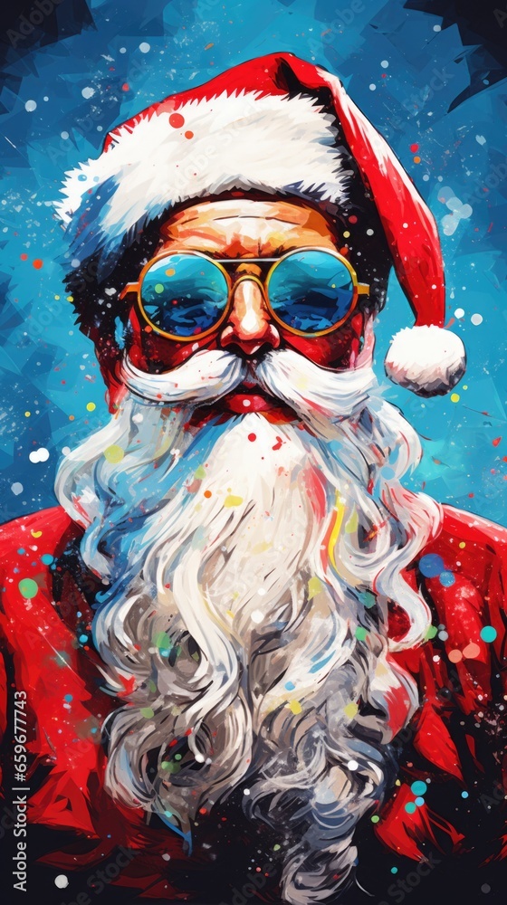 Christmas santa claus. christmas santa claus in a santa hat with glasses and glasses. new year 's card with watercolor background. christmas.