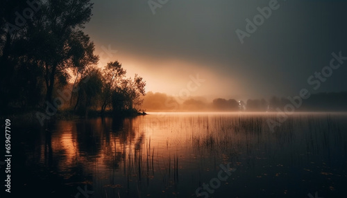 A tranquil scene at dusk, reflection on water, nature beauty generated by AI