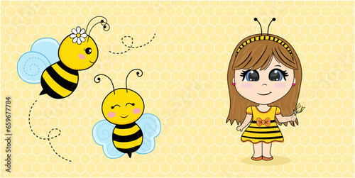Girl dressed up as a little bee - Collection set of cartoon cute bee with different pose