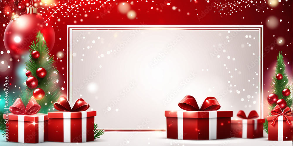 Merry Christmas and New Year red holiday background with gift boxes, fir branches, ribbons, decoration, sparkles, confetti, bokeh, light. Xmas card. Vector Illustration, realistic vector Merry Christmas and New Year red holiday background with gift boxes, fir branches, ribbons, decoration, sparkles, confetti, bokeh, light. Xmas card. Vector Illustration, realistic vector