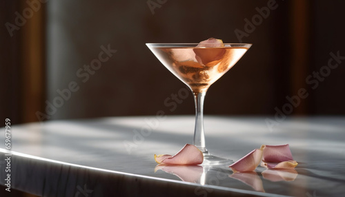 A luxurious martini cocktail on a wooden table with olives generated by AI