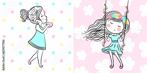 Cute little girl on swing with flowers on her head. - concept with cute little girl holding heart with colorful background.