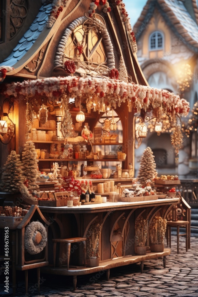 Holiday Wonderland: In the Heart of the Season, a Bustling Market Boasts Colorful Stalls, Showcasing Handmade Ornaments and Scrumptious Treats.
