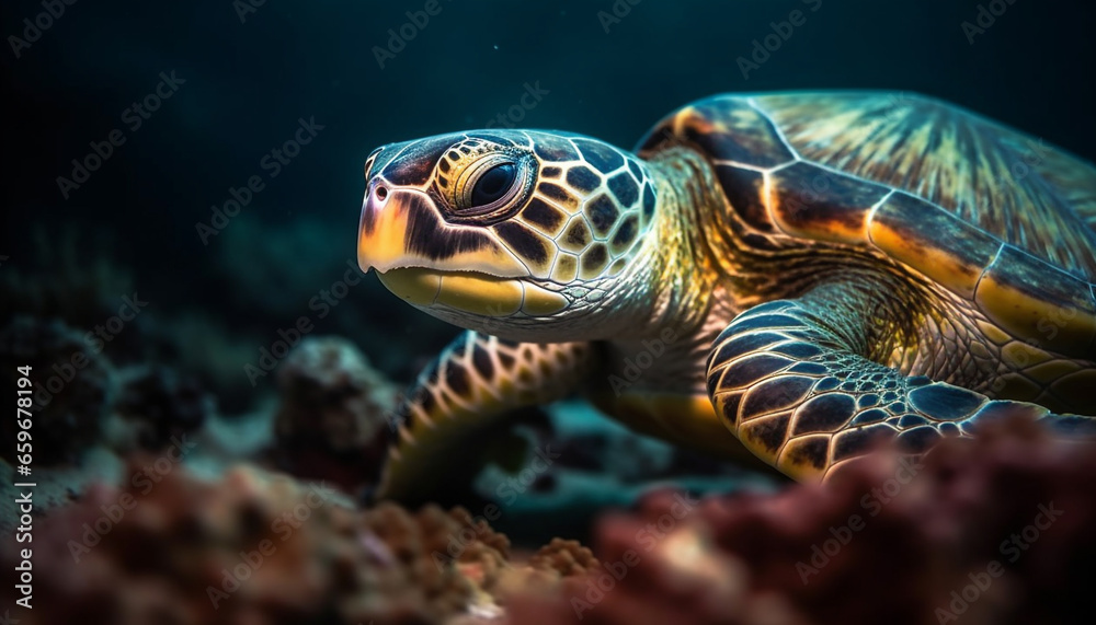 Close up of a cute sea turtle swimming in tropical waters generated by AI