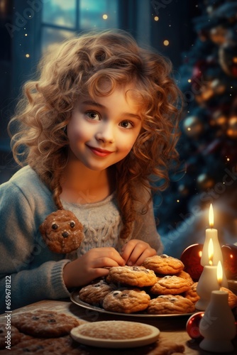 The Enchantment of Christmas  The Child s Eyes Reflect Pure Wonder While Gazing at a Plate of Cookies Intended for Santa.