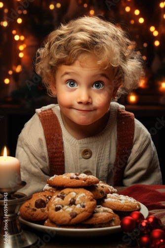 Innocent Expectation  A Child s Eyes  Full of Delight  Fixated on a Plate of Freshly Baked Cookies Left for Santa Claus.