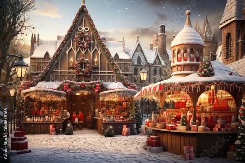 Holiday Wonderland: In the Heart of the Season, a Bustling Market Boasts Colorful Stalls, Showcasing Handmade Ornaments and Scrumptious Treats. © Ivy