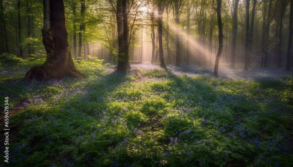 Obraz premium Tranquil autumn meadow, sunlit pine tree, wilderness beauty in nature generated by AI