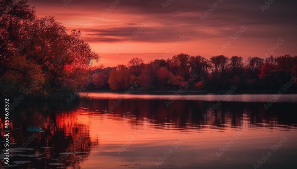 Vibrant sunset reflects beauty in nature over tranquil pond horizon generated by AI