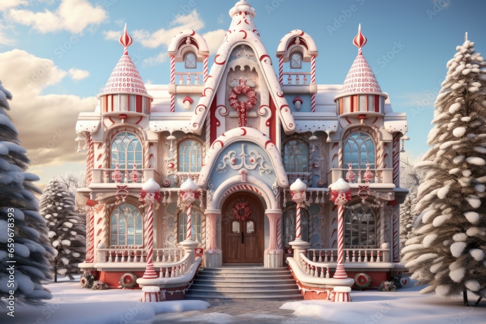 Sugary Delight: A Gingerbread House Adorned with Candy Cane Fences and Gumdrop Accents.
