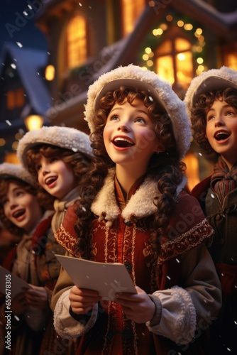 Festive Harmonies: A Group of Carolers Spreading Holiday Cheer with Heartwarming Tunes in Front of a Beautifully Decorated House.