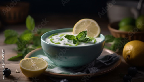 Organic citrus fruit bowl with mint leaf garnish, perfect summer refreshment generated by AI
