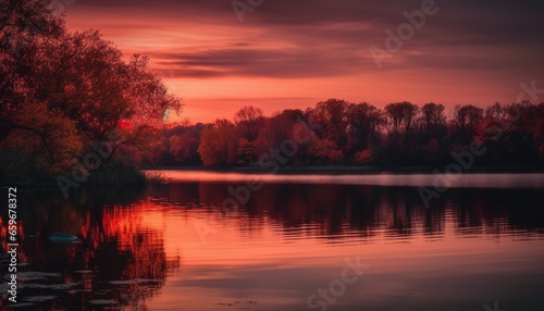 Vibrant sunset reflects beauty in nature over tranquil pond horizon generated by AI