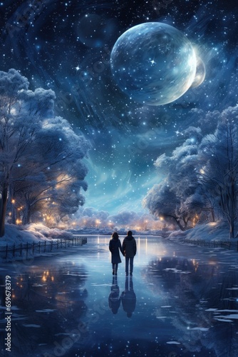 A pair of ice skaters gracefully gliding across a frozen pond under a starry sky. winter