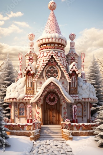 A beautifully decorated gingerbread house with candy cane fences and gumdrop accents. winter, new year, Christmas.