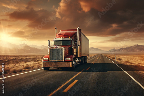 An American truck driving on the highway AR-32 with a beautiful landscape in the background. photo